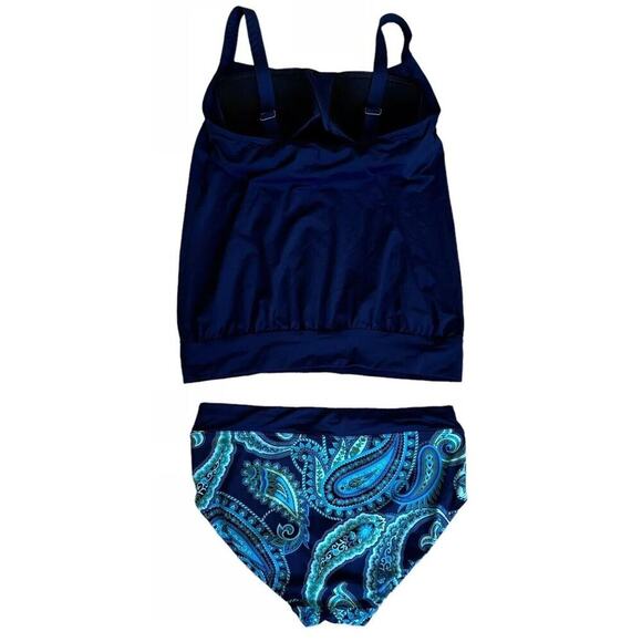 Lands End Navy Blue Paisley Blouson Tankini Top & Bottoms Swimsuit 6D - Picture 2 of 6